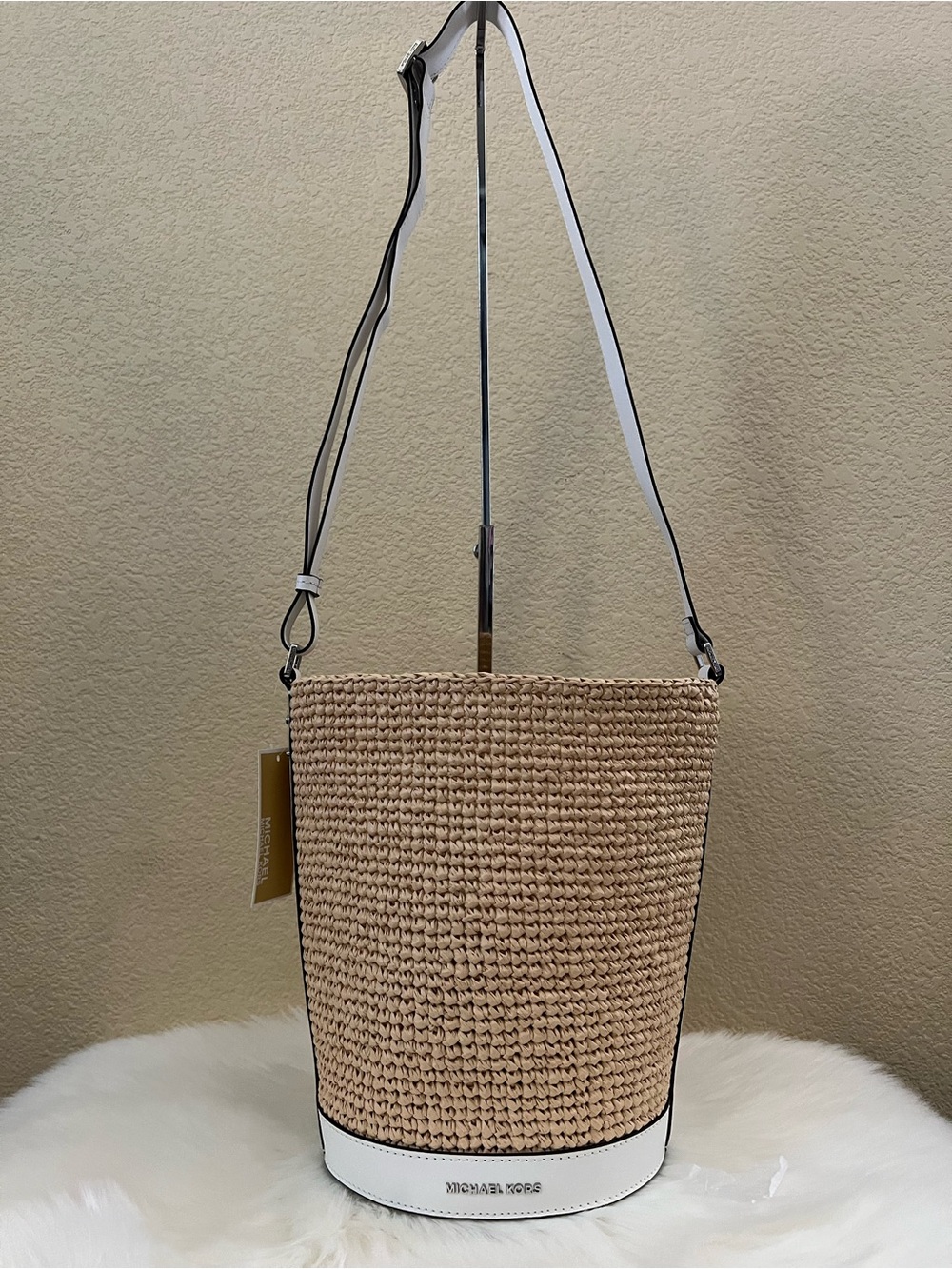 Michael Kors Tan Woven Bucket Crossbody with White Trim